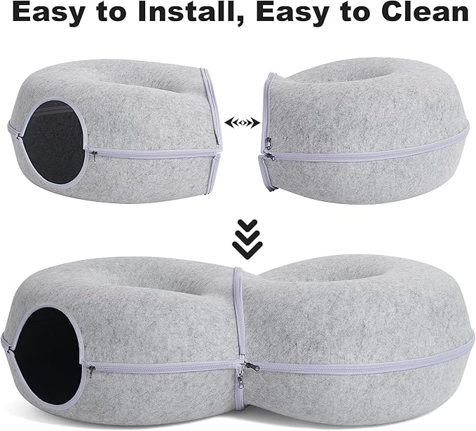 8-Shaped Large Cat Tunnel Bed for Indoor Cats, Infinite Circulation Peekaboo Cat Cave with 12 Toy Balls, Cat Donut Tunnel for Cats up to 30 Pounds (Light Grey, L 38x24x11in)-PawvioPets