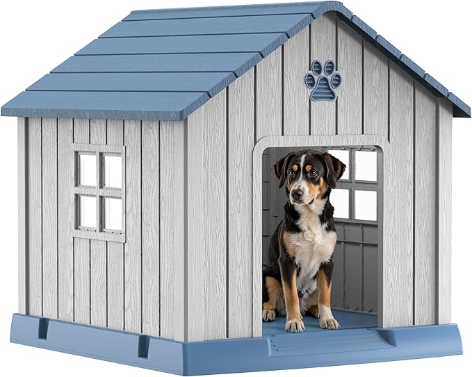 DRATO Dog House Indoor Outdoor for Small to Large Sized Dogs Indoor Outdoor Doghouse Puppy Shelter with Elevated Floor, Easy to Assemble (Blue-x, 31Inch(31.18 * 33.7 * 32.52))-PawvioPets