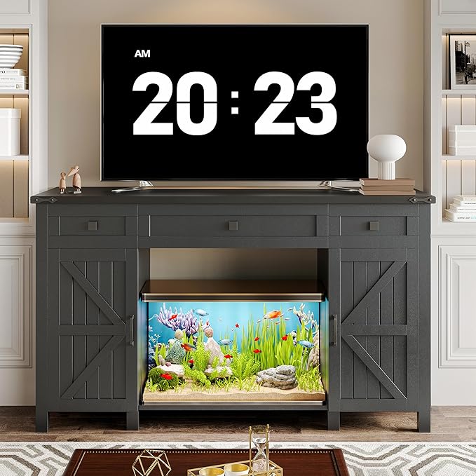 55-75 Gallon Aquarium Stand With Charging Station, Farmhouse Fish Tank Stand, Reptile Tank Stand Terrarium Stand with Drawer and Cabinet Storage, Sturdy Heavy Duty 53.5"×19.7" Tabletop - Black-PawvioPets