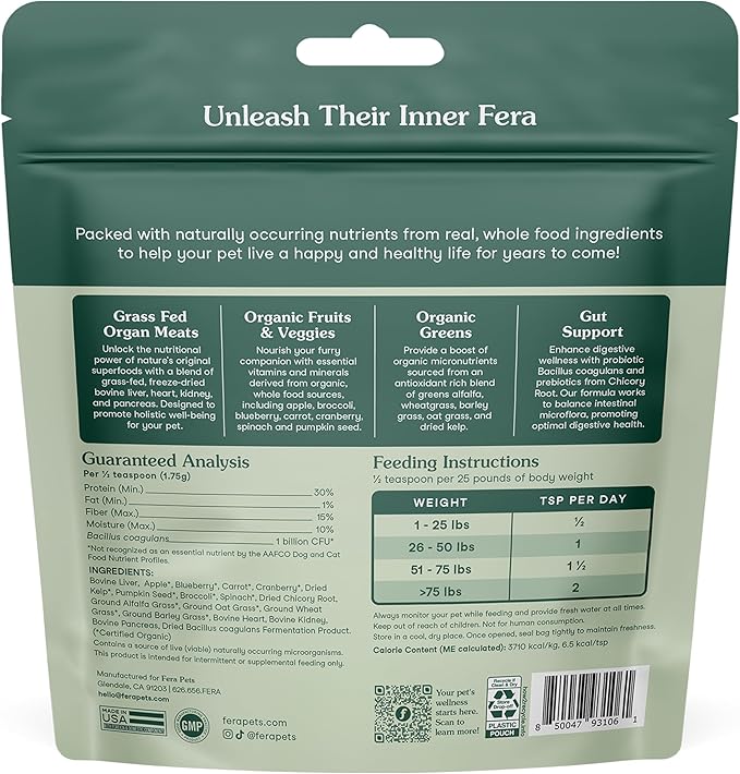 Fera Pets Whole Food Multivitamin Cat & Dog Food Topper with Probiotics, Antioxidants, & Essential Dog Vitamins & Minerals - Nutrients from Fruits, Vegetables, & Organ Meats - 3.7 oz-PawvioPets