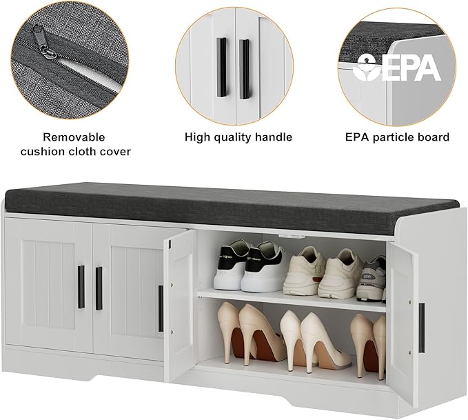 2-Tier Storage Bench, Shoe Bench with Thickened Padded Seat Cushion, Entryway Bench with 4 Doors, Adjustable Shelf, 13.8" D x 45.3" W x 18.5" H, for Entryway, Living Room, Bedroom, White-PawvioPets