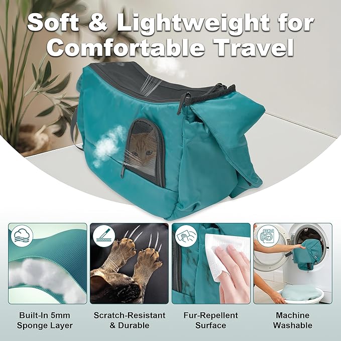 Dog Sling Carrier for Small Pets, Hands-Free Cat Carrier Pouch up to 8.8 lb, Cat Sling with Safety Strap and Pockets, Ideal for Travel and Daily Use, Peacock Blue-PawvioPets