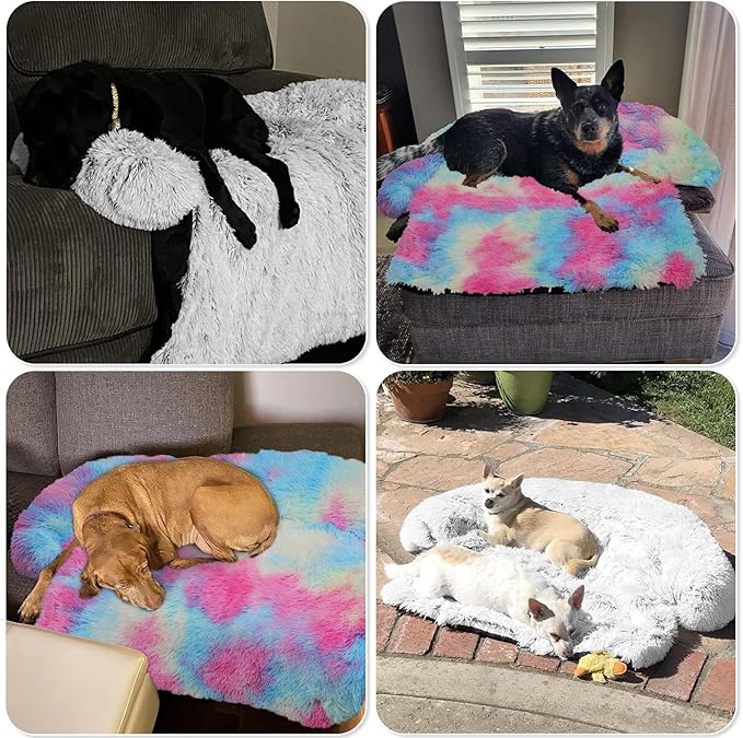 GGIB Calming Dog Bed Fluffy Plush Dog Mat for Furniture Protector with Removable Washable Cover for Large Medium Small Dogs and Cats (Medium, Rainbow)-PawvioPets