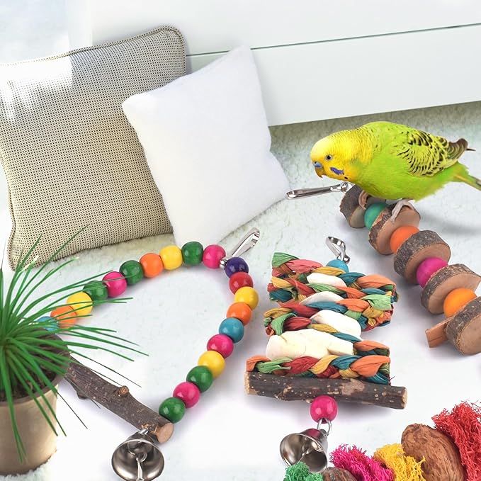 Bissap Bird Chew Toys, 7 Packs Parakeet Natural Wood Toys Parrot Hanging Cage Toy Bird Perch Stand for Small Bird Conure Cockatiel Parrotlet Lovebird Budgie-PawvioPets