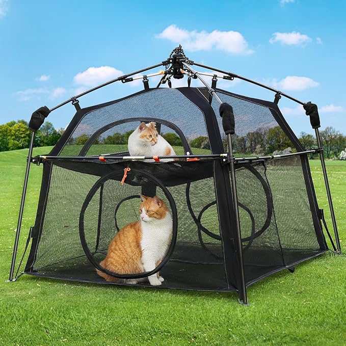 Extra Large Catio Outdoor Cat Enclosure Rywell 2-Tier Cat Tent for Patio, Balcony, Indoor & Camping, Foldable Outdoor Cat Playpen with Windows, Weatherproof Sunproof (Carry Bag Included)-PawvioPets