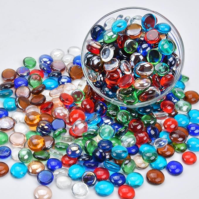 10LB Mixed Color Flat Glass Marbles for Vases, Mancala Stones Gemstone Beads Vase Filler Decorative Glass Pebbles for Fish Tank, DIY Crafts, Mosaics, Aquarium Decor Rocks, Candle Holders-PawvioPets