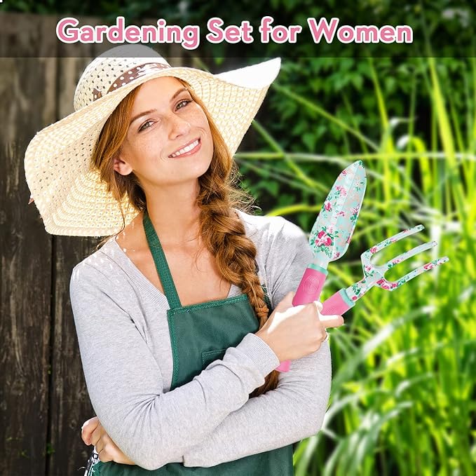 Gardening Tools, 8 Pcs Heavy Duty Floral Garden Tool Set Birthday Gifts for Women WANCHI Rose Red Gardening Kit (Garden Tool Bag Kneeling Pad Weeder Fork Hand Rake Pruning Shears Trowel Transplanter)-PawvioPets