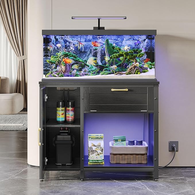 Bestier 40-50 Gallon Fish Tank Stand with Power Outlet&LED Light, 37x18 Heavy-Duty Metal Aquarium Stand with Cabinet&Drawer for Accessories Storage, Suit for Reptile/Turtle Terrarium,660Lbs Capacity-PawvioPets
