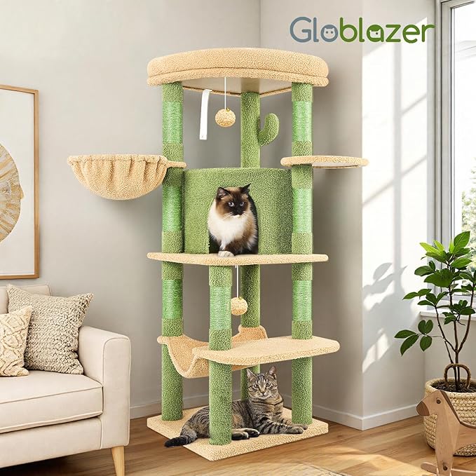 Globlazer Cactus Corner Cat Tree Tower with Scratching Post for Indoor Cats, 51in Multi-Level Cat Condo Tower with Large Hammock, Fan-Shaped Padded Perch, Spacious Cat Cave, Hanging Basket, C51, Green-PawvioPets
