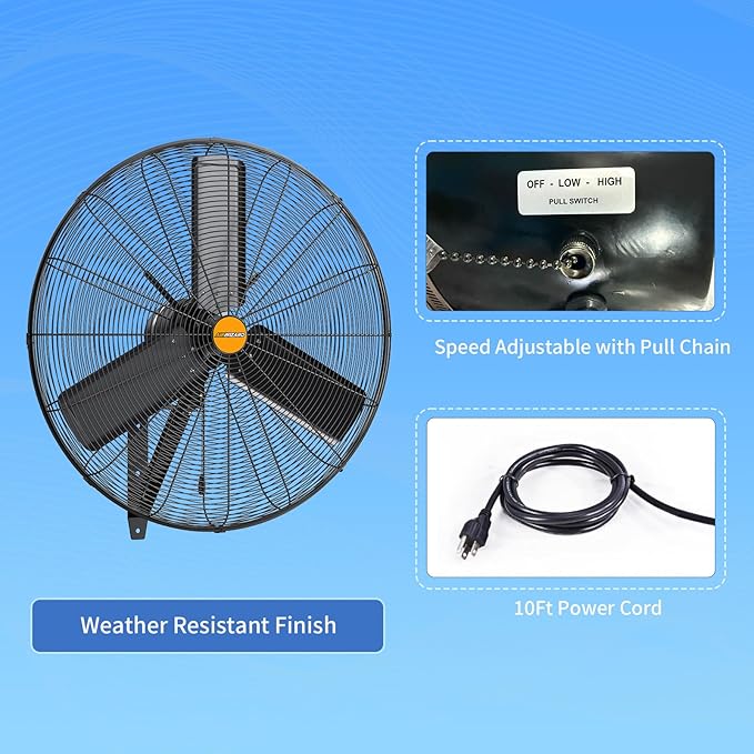 24 inch Outdoor Oscillating Wall Mounted Fan, High Velocity IPX4 Waterproof 7600 CFM Industrial Metal Wall Fan, 2 Speed, Adjustable Tilt, for Greenhouse, Patio, Garage, Workshop-PawvioPets