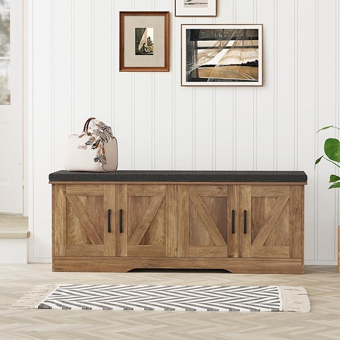 2-Tier Storage Bench, Shoe Bench with Padded Seat Cushion, Entryway Bench with 4 Barn Doors, Adjustable Shelf, 13.8" D x 47.2" W x 17.7" H, for Entryway, Living Room, Bedroom, Rustic Walnut-PawvioPets