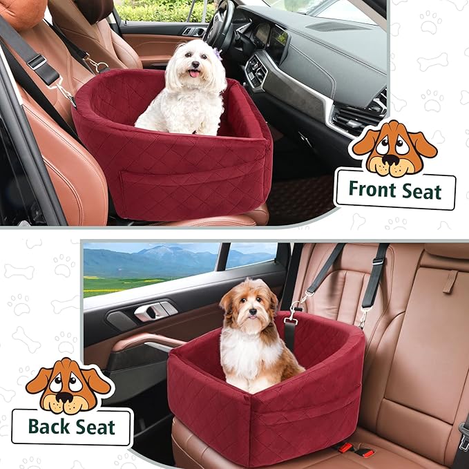 Dog Car Seat for Small Medium Dogs,Detachable Washable Dog Booster Seat Under 30lbs, Pet Car Seats Travel Bed with Storage Pockets and Safety Belt(Red)-PawvioPets
