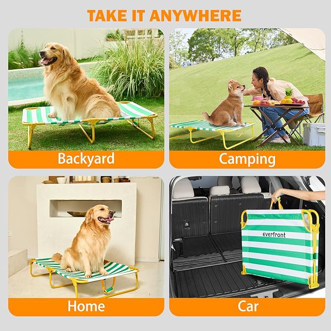 Dog Elevated Bed Foldable Portable Raised Bed Camping cot Outdoor Summer Dog Bed (Medium, GreenStripes-Oxford Fabric)-PawvioPets