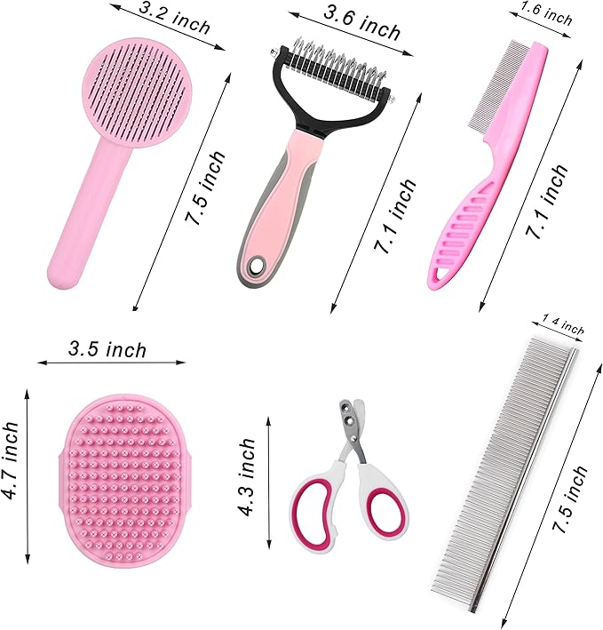 Cat Grooming Brush Kit 6 Tools - Deshedding & Dematting for Long/Short Hair, Self-Cleaning Slicker Brush with 6-in-1 Flea Comb for Cats & Kittens (Pink)-PawvioPets