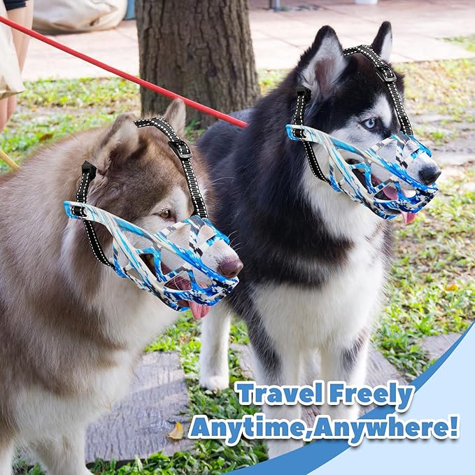 Dog Muzzle for Large Dogs, Medium and X-Large Aggressive Dog, Breathable Basket Muzzles, Suitable for Grooming Trimming Training, Allows Panting Drinking (Camouflage Blue, M)-PawvioPets