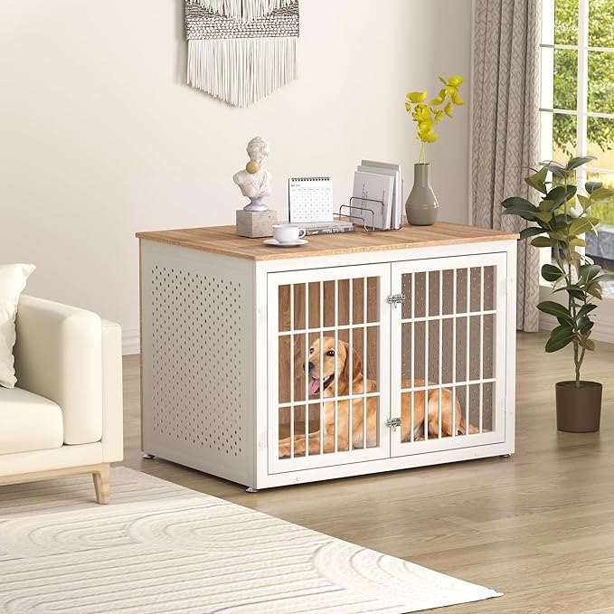42" Heavy Duty Dog Crate Furniture for Large Dogs, Metal Kennel for High Anxiety Dogs, White Wooden Cage Furniture Indoor, Decorative Dog Kennel End Table, XL-PawvioPets