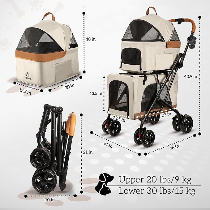 Double Pet Stroller with Detachable Carriers - Ideal for 2 Dogs or Cats - Compact & Convenient Design - Easy Assembly Double Dog Stroller - Cosmic Beige-PawvioPets