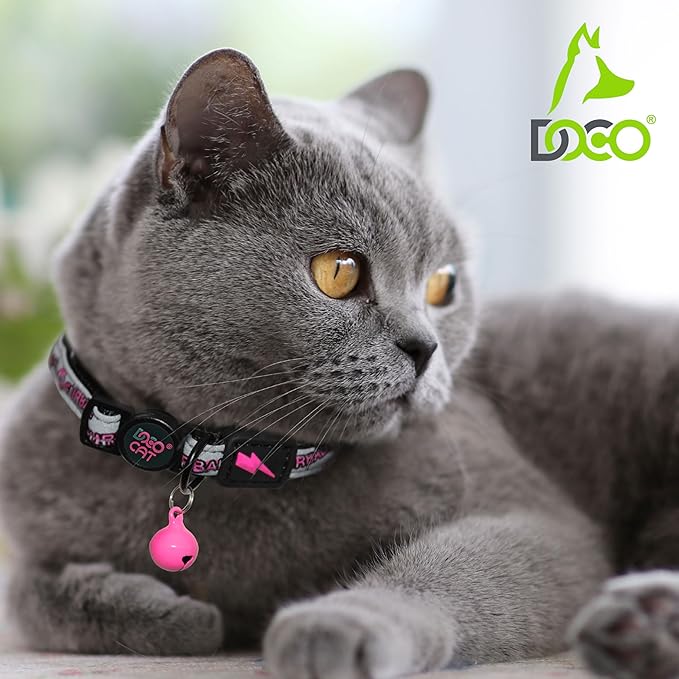 DOCO Cat Collar (Neck Girth - 3/8" x 7.5-12", Weight Upto - 13lb) Reflective Cat Collar with Bell, Breakaway Safety Buckle, Adjustable Nylon Strap for Kittens & Adult Cats (Blue)-PawvioPets