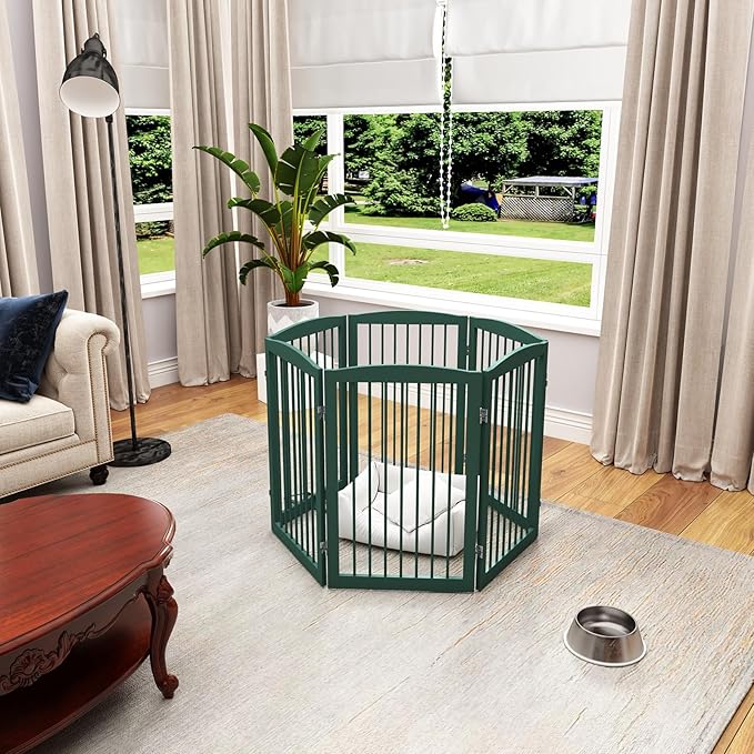 Freestanding Pet Gate for Dogs, Foldable Wooden Dog Gate for House, Extra Wide Indoor Pet Barrier for Stair, Doorway, Hall, Support Feet Included, 120 Inch Wide, 6 Panels 24",Green-PawvioPets