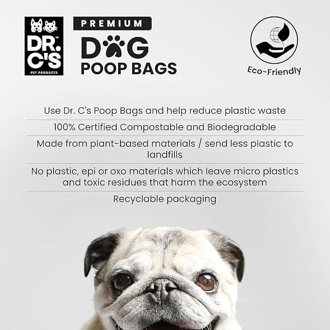 100% Certified Compostable Dog Poop Bags - Dr. C's Premium Dog Poop Bags - 270 Bags / 18 Rolls, Extra thick, Leak Proof, Unscented, Plant Based and Earth Friendly-PawvioPets