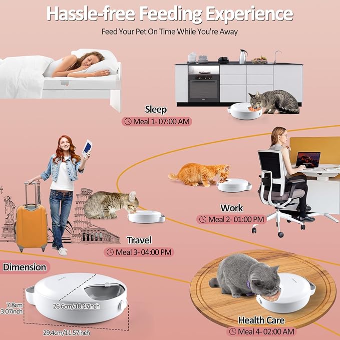 Automatic Cat Feeder Wet Food, Battery Operated Auto Wet/Dry Food Feeder with 2 Ice Packs, Cordless Programmable Timer Pet Auto Dispenser for Cat and Small & Medium Dog (4-Meals & Battery Included)-PawvioPets