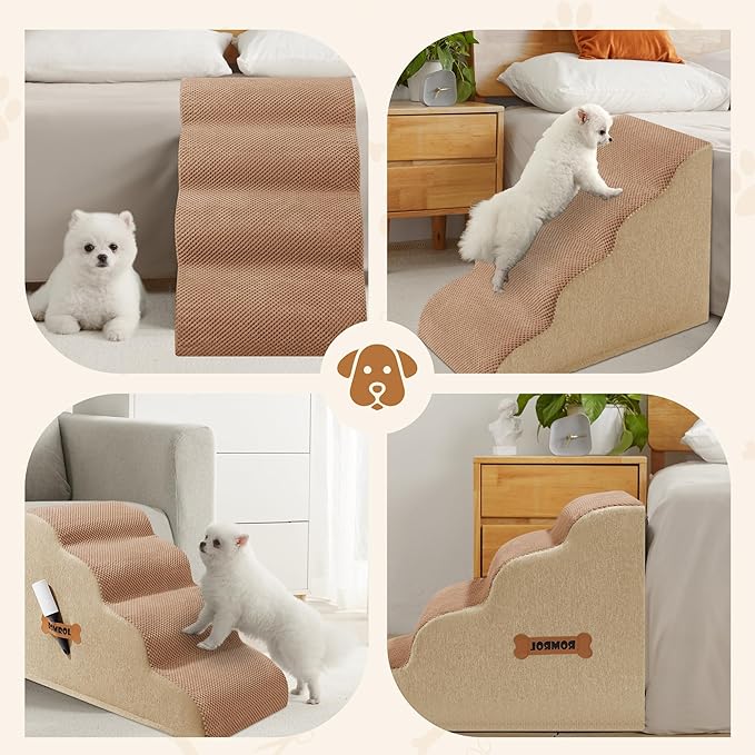 Dog Stairs, Romrol Dog Steps Ramp for High Bed and Couch, Dogs Ramp with Durable Non-Slip Waterproof Fabric Cover, Pet Stairs for Small Dogs and Cats or Pets Joints, 4-TiersLight Brown-PawvioPets