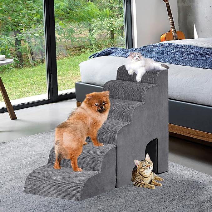 6 Step Dog Stairs&Steps 29 Inches Tall Up to 29-32 Inches High Bed, Dog Ramp Cat Stairs Pet Ladder for Small Medium Dogs, Doggie, Old Cats, Kitty, Grey-PawvioPets
