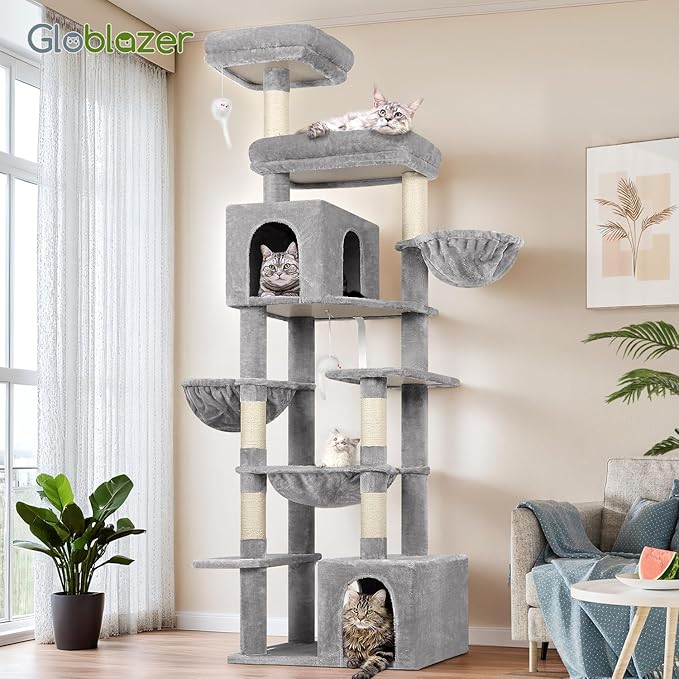 Globlazer Tall Cat Tower, 76 inch Multiple Level Cat Climbers for Indoor Cats, XL Cat Tree with 5 Scratching Posts, 2 Cat Condos, Hammock, 2 Hanging Baskets, F76B, Light Grey-PawvioPets