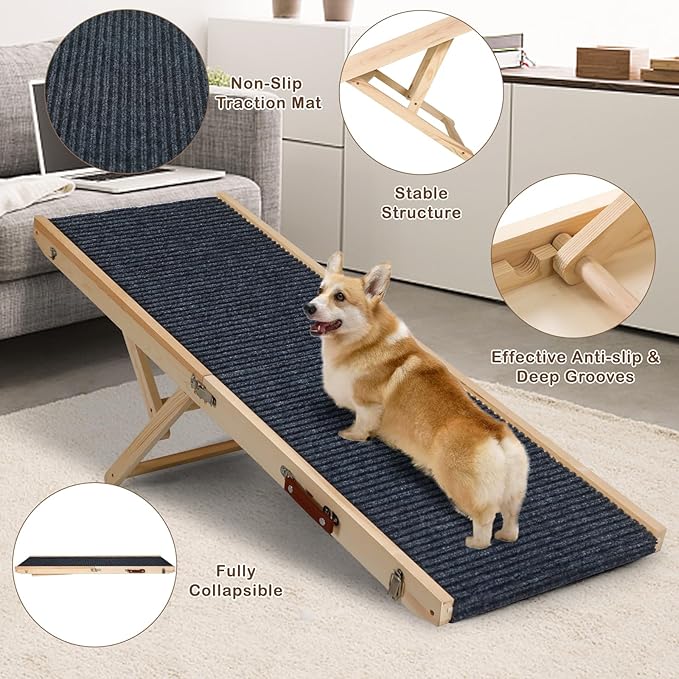 Folding Dog Ramp Safety for Bed, Wooden 5 Adjustable Height Pet Ramps, Potable Dog Steps with Non-Slip Traction Mat, Dog Step, Dogs Stairs for SUV Car, Couch, Safe,Height Bed(47.3 Inch Long)-PawvioPets