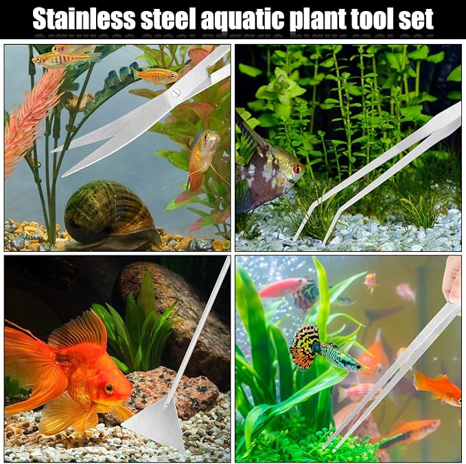 15Inch Extra Long Design Aquarium Aquascaping Tool Stainless Steel Aquascape Tools Kit 4 in 1 Anti-Rust Fish Tank Starter Kit with Long Tweezers Scissors Spatula for Aquarium Plants (Silver)-PawvioPets