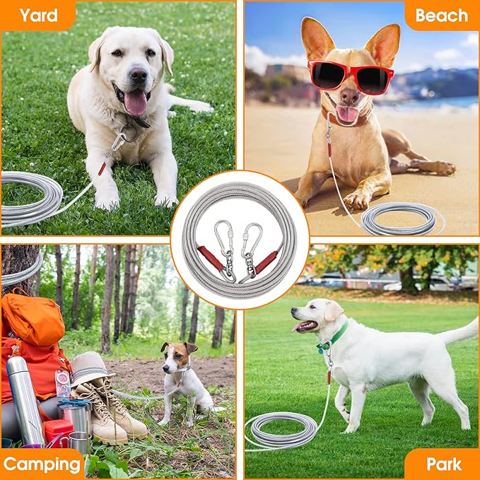 Dog Tie Out Cable for Dogs Outside Up to 125/250lbs,10/20/30/50FT Long Dog Leashe&Chains,Small-Large Dogs Runner Cable for Yard,Heavy Duty Lead Line for Outdoor,Camping,Yard(250lbs 30FT, Silver)-PawvioPets