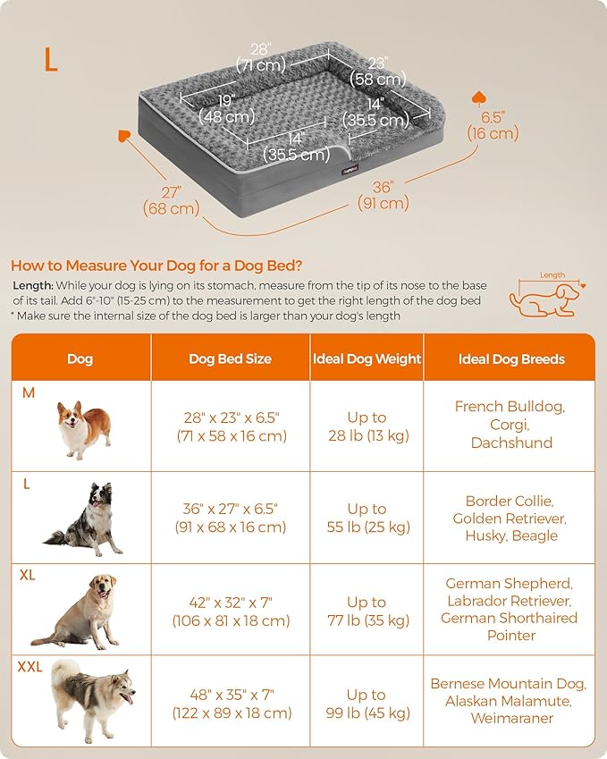 Feandrea Orthopaedic Dog Bed for Large Dogs, Waterproof Dog Sofa Bed with Removable Washable Cover, 36 x 27 x 6.5 Inches, Slate Gray UPGW252G02-PawvioPets