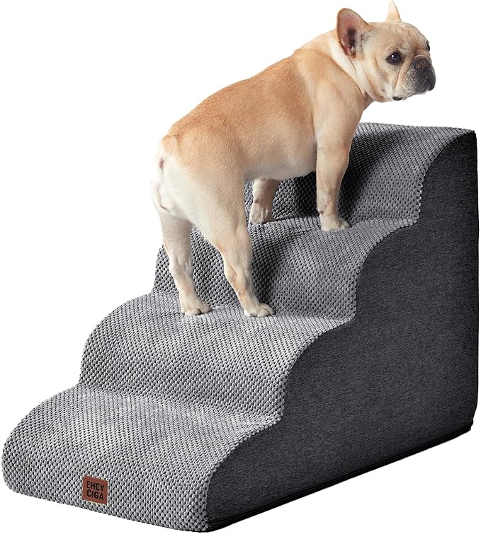EHEYCIGA Curved Dog Stairs Ramp for High Beds 19.7" H, 4-Step Dog Steps for Small Dogs and Cats, Pet Stairs for High Bed Climbing, Non-Slip Balanced Pet Step Indoor, Grey-PawvioPets