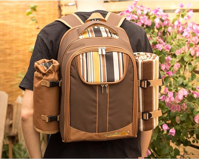 apollo walker Picnic Backpack Bag for 2 Person with Cooler Compartment, Detachable Bottle/Wine Holder, Fleece Blanket, Plates and Cutlery(2 Person, Brown)-PawvioPets