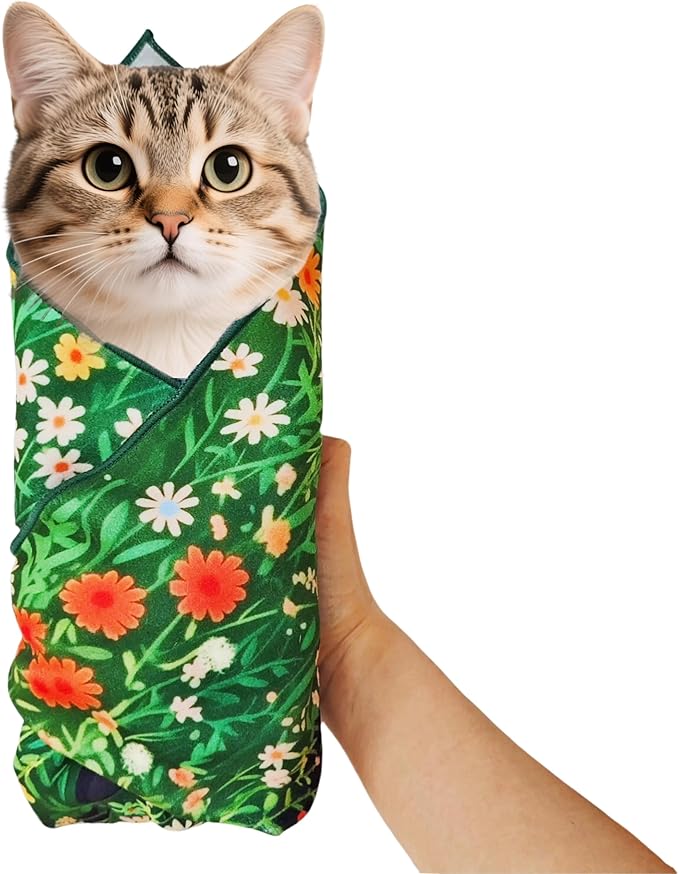 Cat Grooming Wrap Cat Wrap for Cutting Nails Cat Burrito Wrap 19.96 inch(Within 6Lbs) Cat Swaddle Nail Clipping, Teeth Brushing, Ear Cleaning Self-Adhesive Magic Cloth Cat Restraint-PawvioPets