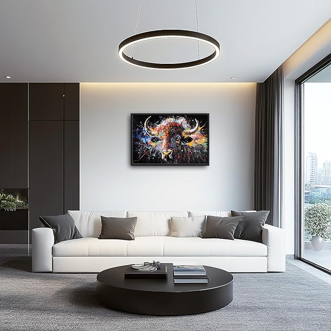 Framed Large Bison Buffalo Wall Art for Living Room, Oversized Graffiti Yak Cow Wall Decor Banksy Bull Canvas Painting Animal Pictures Modern Artwork for Living Room Bedroom Office 36"x24"-PawvioPets