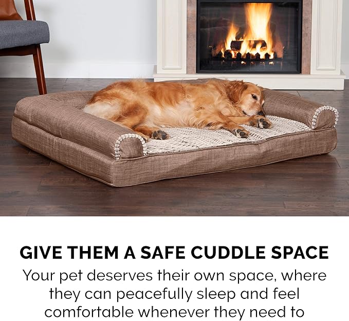 Furhaven Cooling Gel Dog Bed for Large/Medium Dogs w/ Removable Bolsters & Washable Cover, For Dogs Up to 55 lbs - Luxe Faux Fur & Performance Linen Sofa - Woodsmoke, Large-PawvioPets