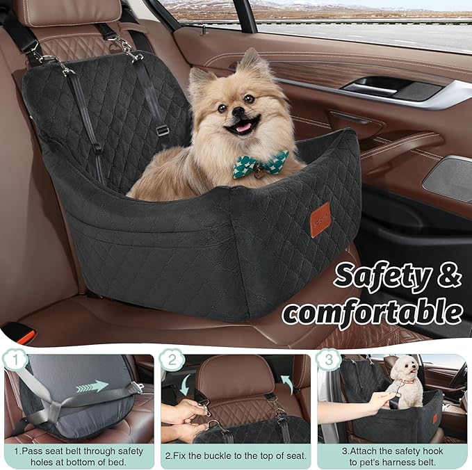 Dog Car Seat for Dogs Up to 35lbs,Fully Detachable and Washable,Memory Foam Covered Soft Fabric,Easy to Install with Adjustable Straps,Anti-Slip Bottom,Two Side Pockets(Black,Medium)-PawvioPets