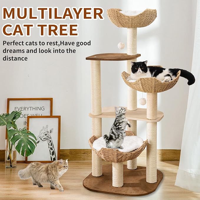 Big Modern Design Cat Tree Tower with White Cloud Mat, Unique Cat Supplies Tower with Scratching Post, Cute Wood Cat Tree Cat Furniture Activity Centre for Indoor Big Cats-PawvioPets
