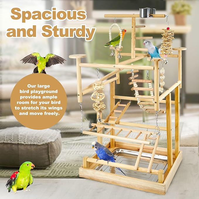 Bird Playground - Natural Wood Parrot Playstand with Perches, Bird Play Gym & Accessories, Removable Tray & 4 Stainless Steel Cups-PawvioPets
