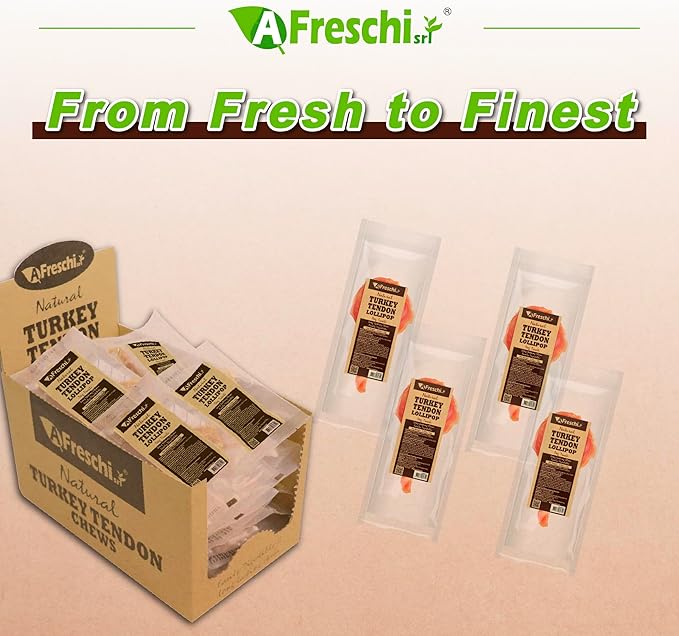 Afreschi Natural Turkey Tendon Lollipop Pack of 4, Dog Treat for Signature Series, All Natural Human Grade Puppy Chew, USA-Sourced Turkey Tendon, Rawhide Alternative-PawvioPets