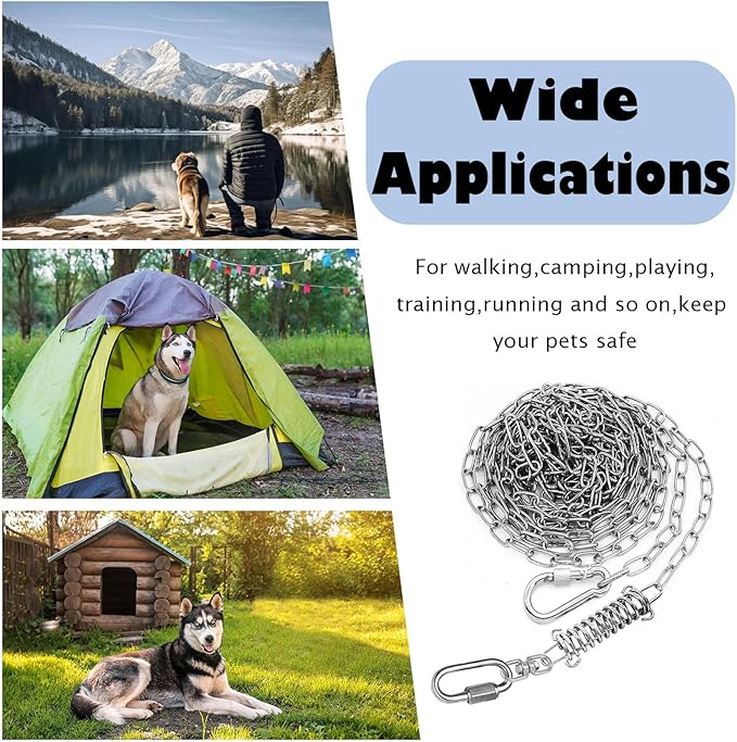 25ft Heavy Duty Chew Proof Dog Tie Out Chain Leash with Shock Absorbing Spring&Lockable Hooks-Up to 200Lbs,Use for Yard,Garden,Camping or Travel-PawvioPets