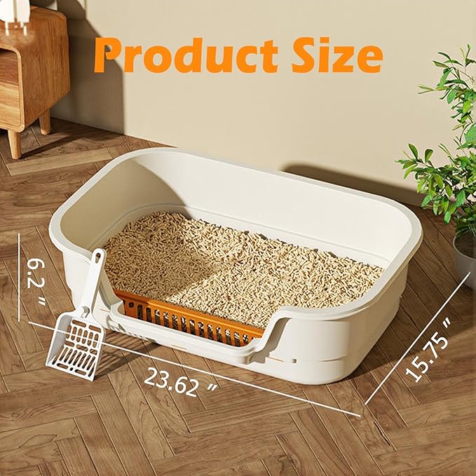 Extea Large Cat Litter Box with High Sides,Cat Boxes for Indoor Cats,Cat Litter Pan for Kitty,Litter Box with Low Entry,Easy to Clean,Anti-Splashing,23.6" x15.7" x6.2" (White)-PawvioPets