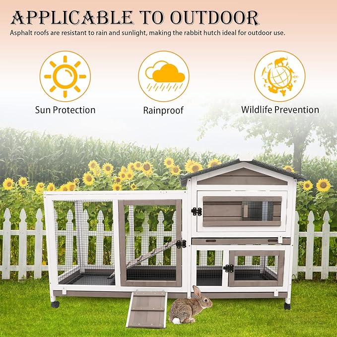 57" L Rabbit Hutch Indoor Outdoor 2 Story Large Bunny Hutch with Run Guinea Pig Cage Wooden Rabbit Cage with Removable 3 Pull Out Trays Pet House for Small-Medium Animals-PawvioPets