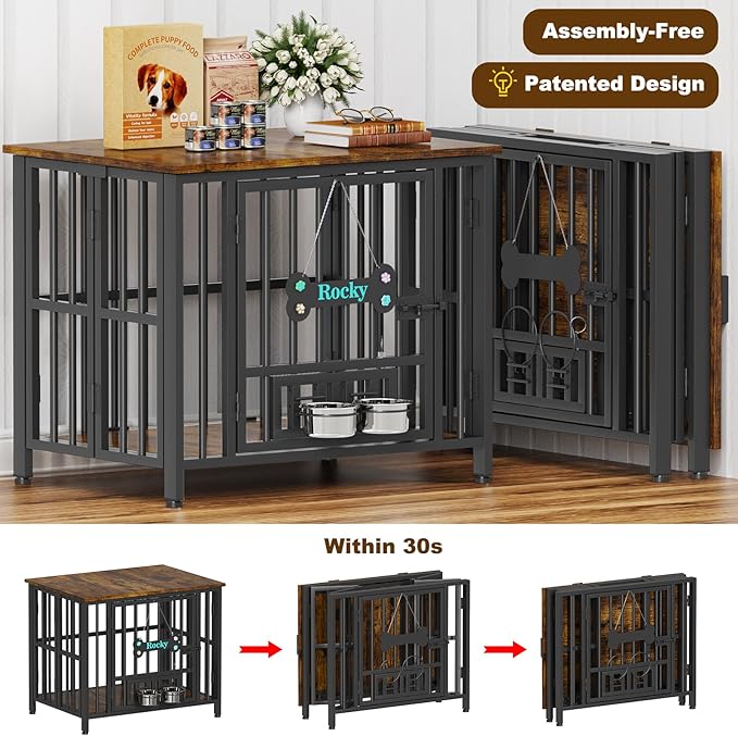 Easycom 31" Dog Crate Furniture Foldable, No Assembly Decorative Dog Kennel Indoor, Dog Crates for Small Dogs (20-40 lbs), Wooden Dog Cage with Adjustable Bowls and Name Tag, End Table, Rustic Brown-PawvioPets