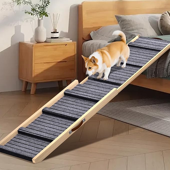 Dog Ramp for Car, 71''x 17'' Extra Long Deluxe Telescoping Design Wooden Pet Ramp, Pet Stair Ramps for Truck SUV with Non-Slip Surface, Portable Outdoor Dog Steps for Medium Large Dogs, Up to 250LBS-PawvioPets
