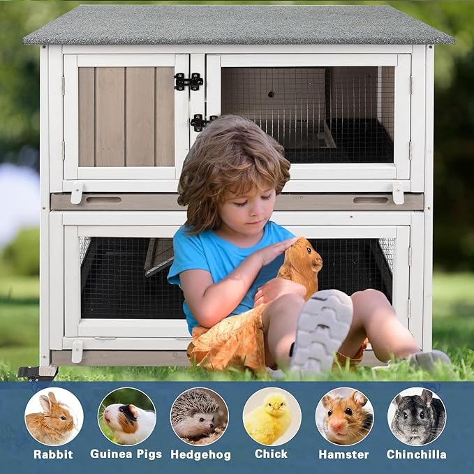 36" L Guinea Pig Cages Wooden, 2 Story Rabbit Cage Indoor Guinea Pig Habitat on 4 Metal Wheels and 2 Deeper Pull-Out Trays, Ramp, Leak Proof Guinea Pig Cages Indoor Small Animal Cage, Grey-PawvioPets