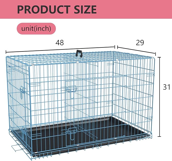 FDW Dog Crate for Large Dogs 48 Inch Folding Metal WirePet Cage Double Door W/Divider Panel Indoor Outdoor Kennel Leak-Proof Plastic Tray,Blue-PawvioPets