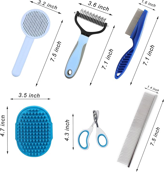 Cat Grooming Brush Kit 6 Tools - Deshedding & Dematting for Long/Short Hair, Self-Cleaning Slicker Brush with 6-in-1 Flea Comb for Cats & Kittens (Blue)-PawvioPets