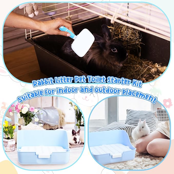 15 Pcs Rabbit Starter Kit Small Rabbit Litter Box Animal Grooming Kit Bunny Toys Bowl Blankets with Cleaning Set for Guinea Pig Accessories(Candy Blue)-PawvioPets